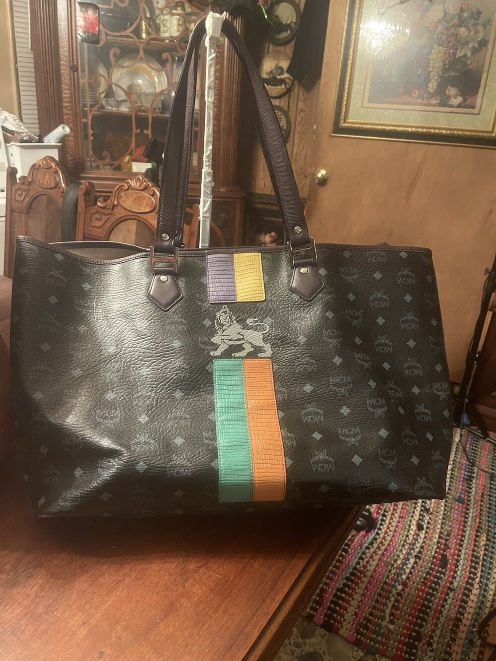 MCM Black Coated Canvas Lion Stripe Tote Bag X Large Designer Handbag Purse